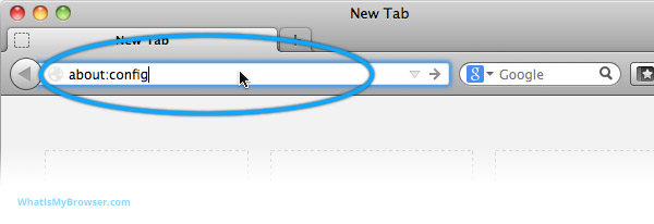 Firefox address bar with about:config entered into it