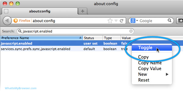 Toggle menu item for the javascript.enabled setting